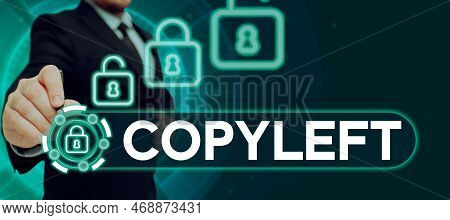 Conceptual Display Copyleft. Word Written On The Right To Freely Use, Modify, Copy, And Share Softwa