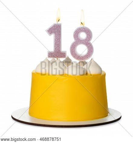 18th Birthday. Delicious Cake With Number Shaped Candles For Coming Of Age Party Isolated On White