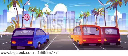 Cars On Road In Tropical Summer City. Cartoon Vector Illustration Of Autos Driving Highway To Town W