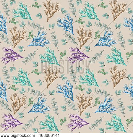 Watercolor Vector Seamless Pattern With Plants And Leaves.