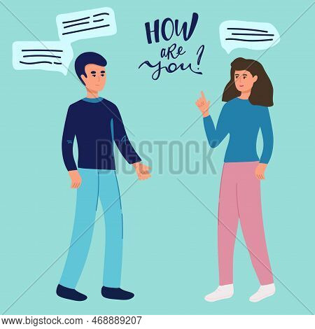 Blonde Woman Talking With Man Vector Illustration. Cheerful Lady Gesturing In Conversation With Bear