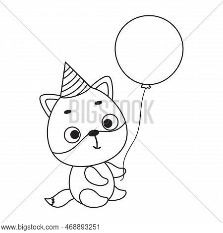 Coloring Page Cute Little Fox In Birthday Hat Hold Balloon. Coloring Book For Kids. Educational Acti