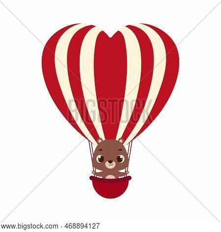 Cute Little Beaver Fly On Heart Hot Air Balloon. Cartoon Animal Character For Kids Cards, Baby Showe