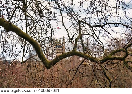 London, United Kingdom - March 6 2022: Branches Of A Tree In Saint James Or Green Park And View Of T