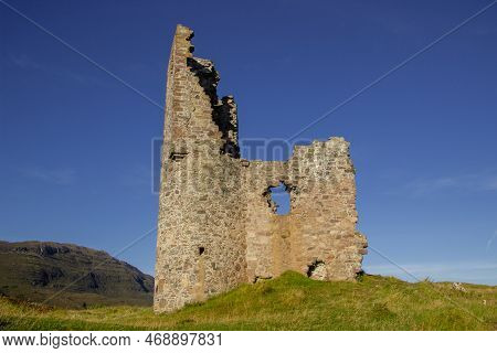 View Of The Ruined 16th Century Ardvreck Castle Over Loch Assynt, Sutherland, North West Highlands, 