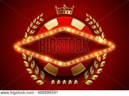 Vip Poker Luxury Red Gold Chip, Rhomboid Frame Shiny Led Light Bulbs Vector Casino Logo. Royal Poker