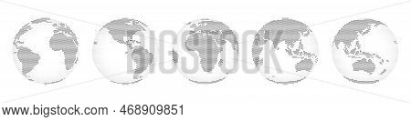 World Map With Continents, Land And Water Mass Monochrome. Isolated Icons Of Earth Globes With Digit
