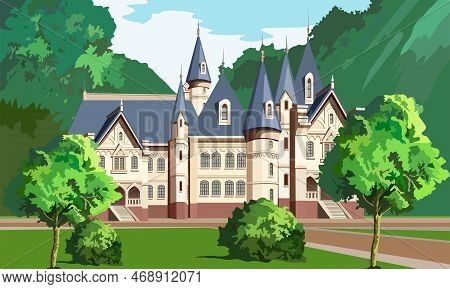 Vector Illustration Depicting A Fairy-tale Palace In The Forest  For Prints On  Book Covers And For 