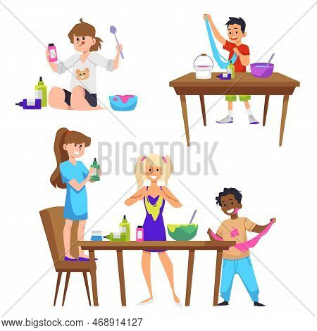Funny Kids Playing With Homemade Slime, Flat Vector Illustrations Set Isolated.