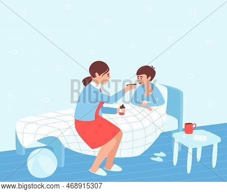 Mom Sits Next To A Sick Child And Gives Him Medicine. A Sick Child Lies In Bed Under A Blanket And S