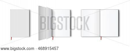 Blank Book Or Notepad Mockup. Notebook And Bookmark Template In Different Views Isolated On White Ba
