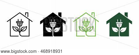 Eco House With Leaf And Plug Line And Silhouette Icon Color Set. Natural Home With Green Energy Pict