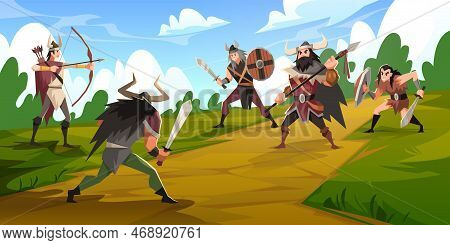 Vikings Battle. Armed Barbarians Clash, Scandinavian Warriors With Weapons And Wooden Traditional Sh