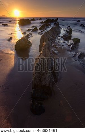 Sunset In Barrika Beach In The Basque Country (spain)