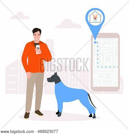 Vector Illustration Man Uses Application On Cell Phone For Search The Dog Shelter, Pet Hotel, Hotel 