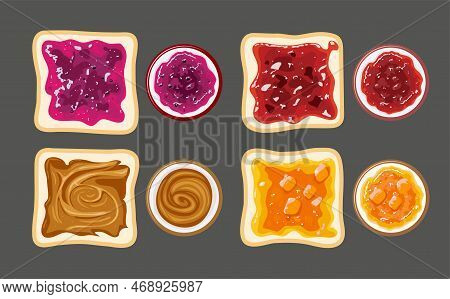 Vector Set Of White Toast Bread Slices With Fruit Jam Of Apple, Apricot, Blueberry, Peach, Raspberry