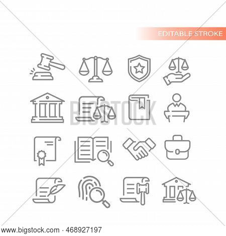 Law, Legal And Justice Vector Line Icon Set. Courthouse, Court Of Law, Scales Outlined Icons.