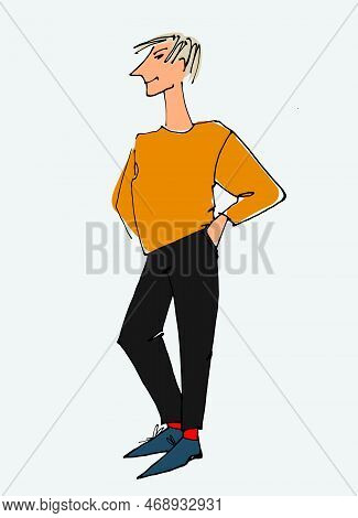 Figure Of A Young Man Waving. Flat Style, Isolated Vector Element