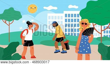 Summer Weather. Hot Temperature. People Suffer From Heat In City Park. Sunny Dry Day. Unhappy Person