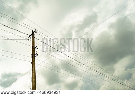 Power Electric Pole With Line Wire On Colored Background Close Up