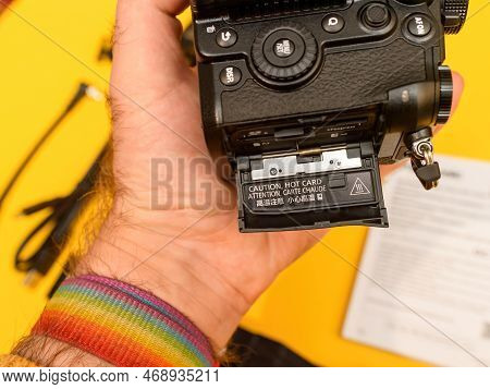 Paris, France - Nov 20, 2022: Caution Hot Card Text On Slot Cf Express Type B - Testing New Panasoni