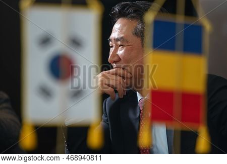 Bucharest, Romania - January 16, 2023: Kap-soo Rim, Korean Ambassador, At A Press Conference On A Do