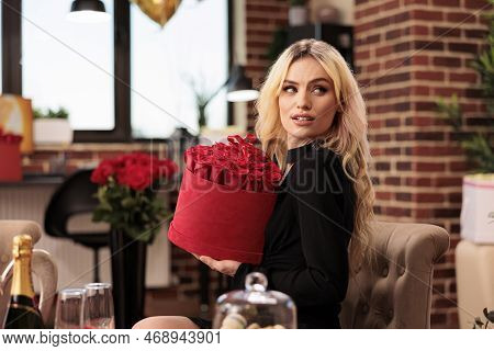 Lovely Girlfriend Holding Valentines Day Red Roses Bouquet, Receiving Romantic Gifts From Boyfriend 