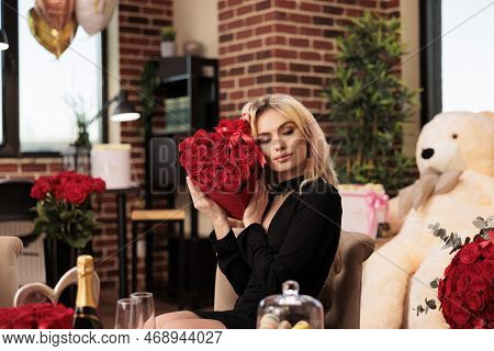 Attractive Woman Holding Valentines Day Red Roses Bouquet, Receiving Presents From Boyfriend During 