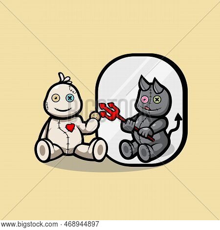 Voodoo Mascot Cartoon Design Vector. Funny Voodoo Illustration. Cute Voodoo Doll With Devil On Mirro