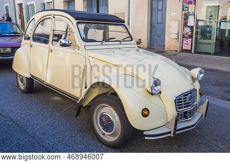 Loriol Sur Drome, France - 17 September, 2022: Vintage Beige Citroen 2cv With Fabric Hinged Top. Cla