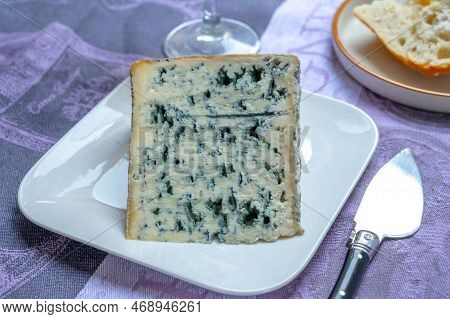 Piece Of Bleu De Laqueuille Semi-hard Aop French Blue Cheese Made From Raw Cow Milk