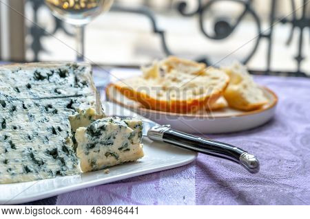 Piece Of Bleu De Laqueuille Semi-hard Aop French Blue Cheese Made From Raw Cow Milk
