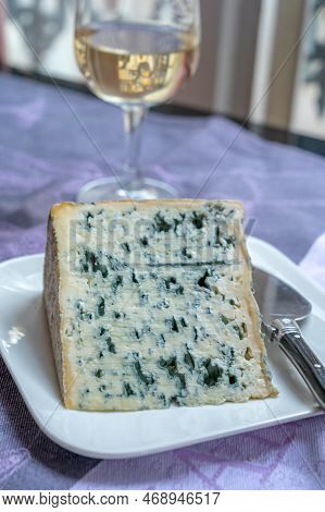 Piece Of Bleu De Laqueuille Semi-hard Aop French Blue Cheese Made From Raw Cow Milk