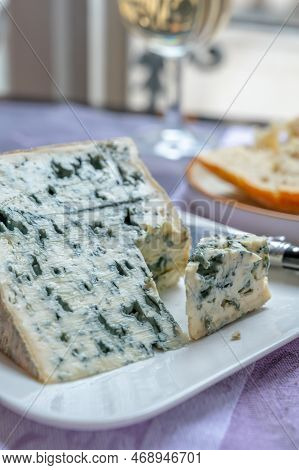 Piece Of Bleu De Laqueuille Semi-hard Aop French Blue Cheese Made From Raw Cow Milk
