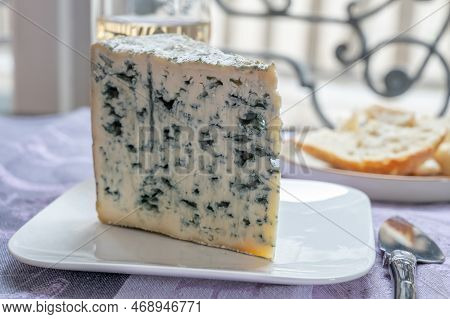 Piece Of Bleu De Laqueuille Semi-hard Aop French Blue Cheese Made From Raw Cow Milk