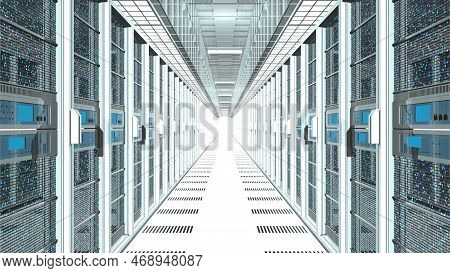 Front View Of Data Center Corridor With White Servers With Blue Lights On Both Sides Projecting Into