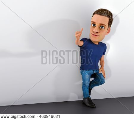 Cool Man Thumb Up Satisfied Attitude Accosted On Wall Positive Ok Gesture 3d Illustration