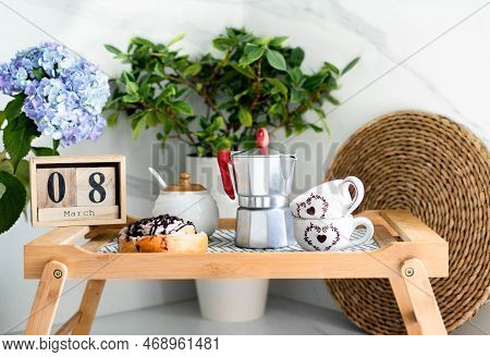 Romantic Breakfast On A Tray For International Women's Day. Coffee And Fresh Pastries For Breakfast 
