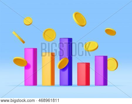 3d Growth Stock Diagram And Coins Isolated. Render Stock Bars Shows Growth Or Success With Coins. Fi