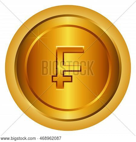 The Franc Currency Symbol. A Single Gold Coin Is Isolated On A Transparent Background, With A Franc 
