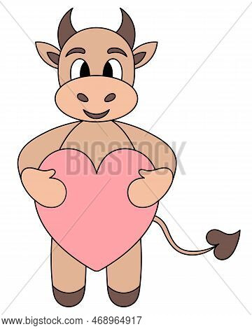 Little Bull. A Cow Cub Holds A Pink Heart In Its Paws. Brown Calf. Bull. Color Vector Illustration. 