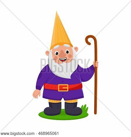 Cute Garden Gnome Shepherd In Orange Cap. Vector Illustration Of Funny Fairy Tale Character. Cartoon