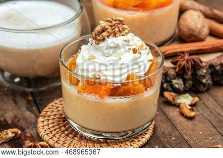 Pumpkin Pudding Yogurt Desser. Homemade Dessert For Thanksgiving.
