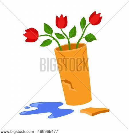 Flower In Ceramic Broken Pot Vector Illustration. Fallen Down Houseplant, Flowerpot On Floor Isolate