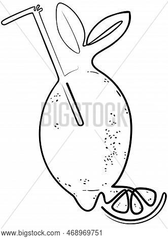 Scalable Vectorial Representing A Black Line Art Drawing Of Fresh Lemon With Straw, Element For Desi