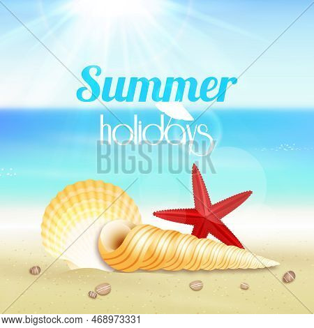 Summer Holiday Vacation Travel Background Poster With Seascape Starfish And Seashells Vector Illustr