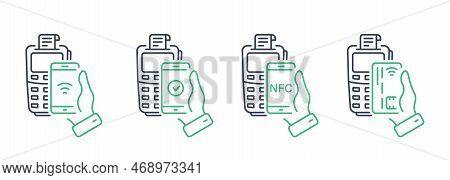 Cashless Payment Transaction With Nfc Technology Line Icon. Pos Pay Processing Pictogram. Smartphone