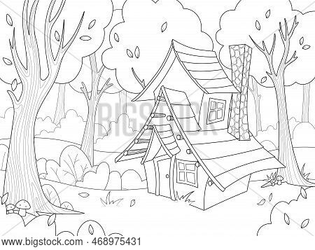 An Old Wooden House In Fores. Coloring Book For Children. Practice Of Handwriting. Education Develop