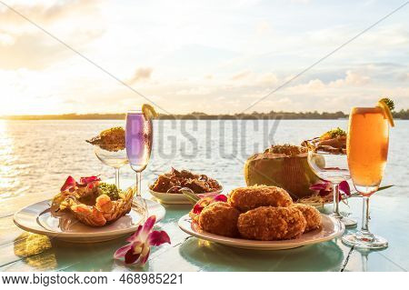 Thai Cuisine Set, Grilled River Prawn, Catfish Curry, Curry Steamed Seafood In A Coconut Cup, And De