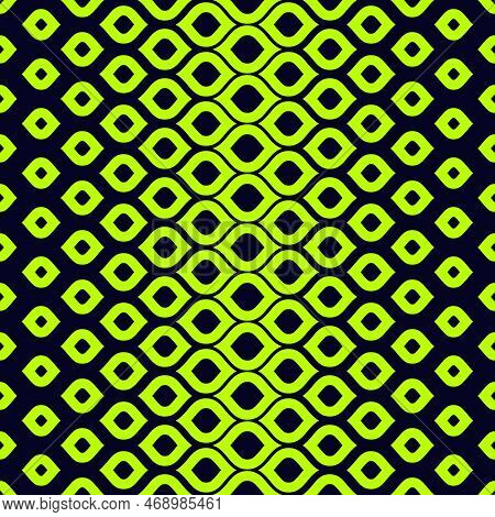 Vector Geometric Seamless Pattern With Halftone Effect, Leaves, Drops, Mesh. Abstract Black And Neon